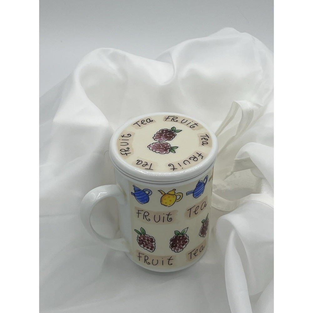 Vintage Ceramic Fruit Tea Mug with Lid Hand Painted Blackberry & Teapot Motif